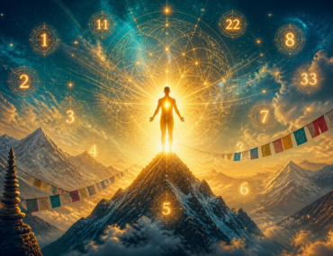 Illustration mystique de la Mission de Vie en Numérologie Karmique Tibétaine : une silhouette lumineuse au cœur flamboyant debout sur un sommet de l'Himalaya, entourée de mandalas dorés intégrant les maîtres nombres et de drapeaux de prières.