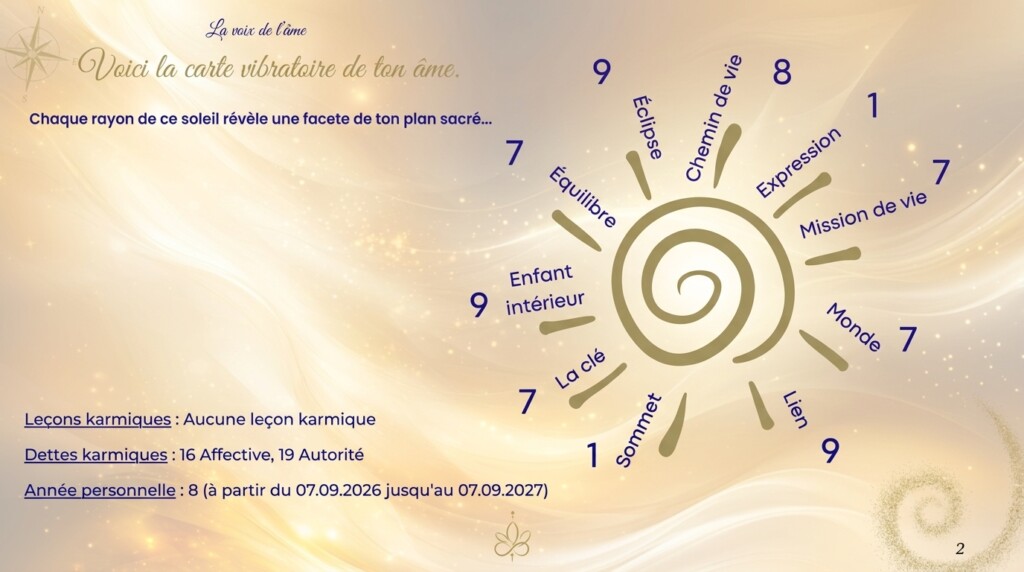 Carte vibratoire en Numérologie Karmique Tibétaine, soleil à dix rayons représentant les catégories du thème
