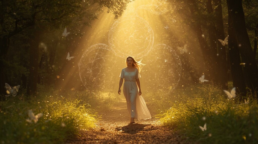 Femme marchant sur un chemin éclairé dans une forêt, symbolisant la guidance de la Numérologie Karmique Tibétaine (NKT)