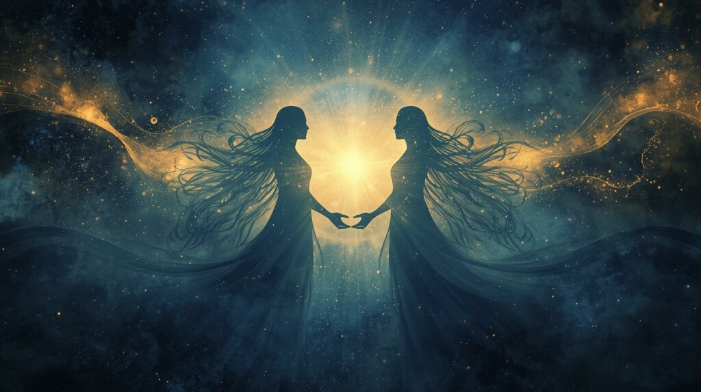 Deux personnes se font face, reliées par une lumière symbolisant la connexion d’âme.