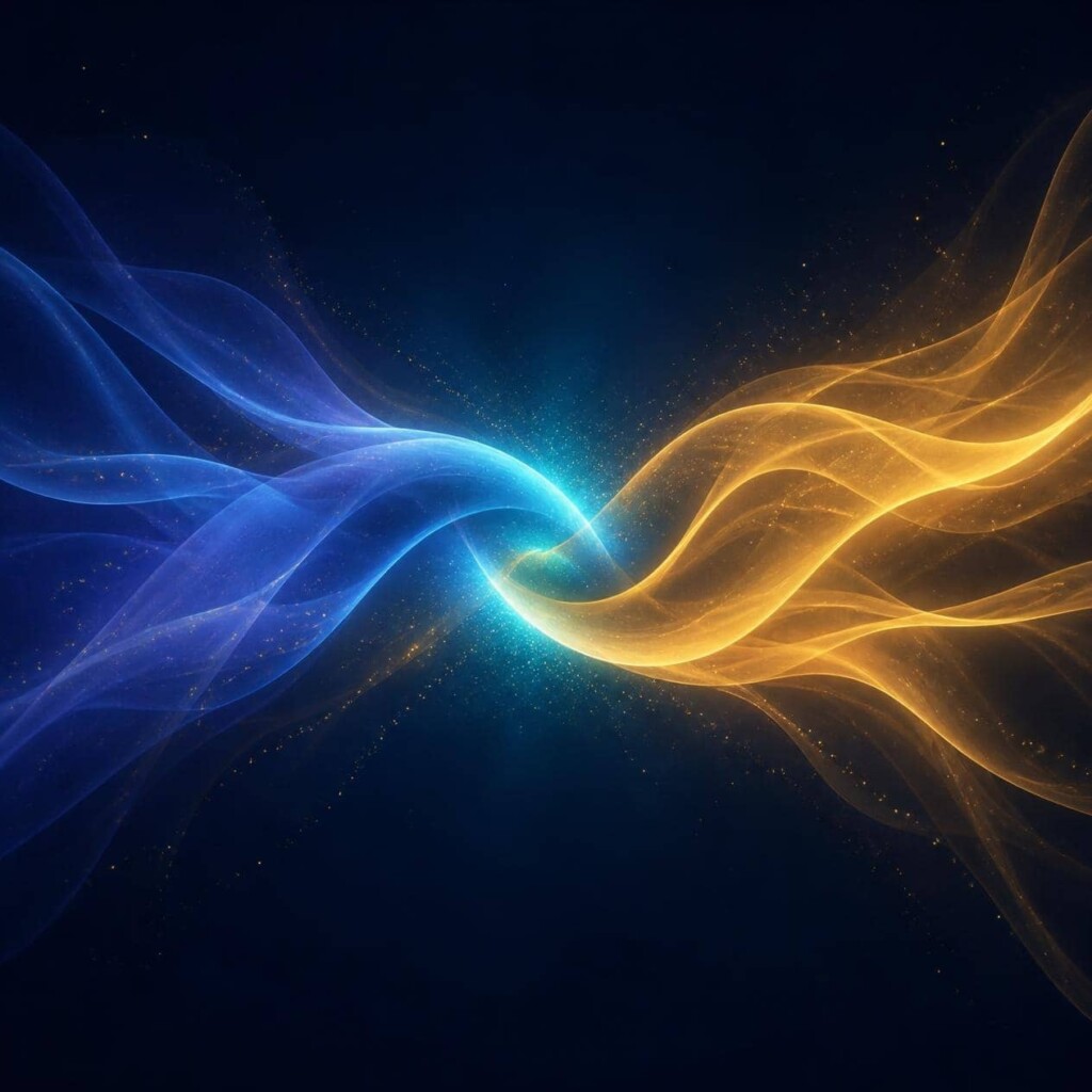 Deux énergies lumineuses, indigo et or, qui se rencontrent et s'entrelacent, illustrant une relation karmique.