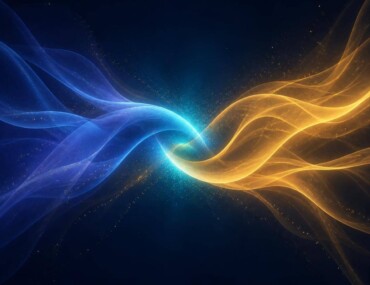 Deux énergies lumineuses, indigo et or, qui se rencontrent et s'entrelacent, illustrant une relation karmique.