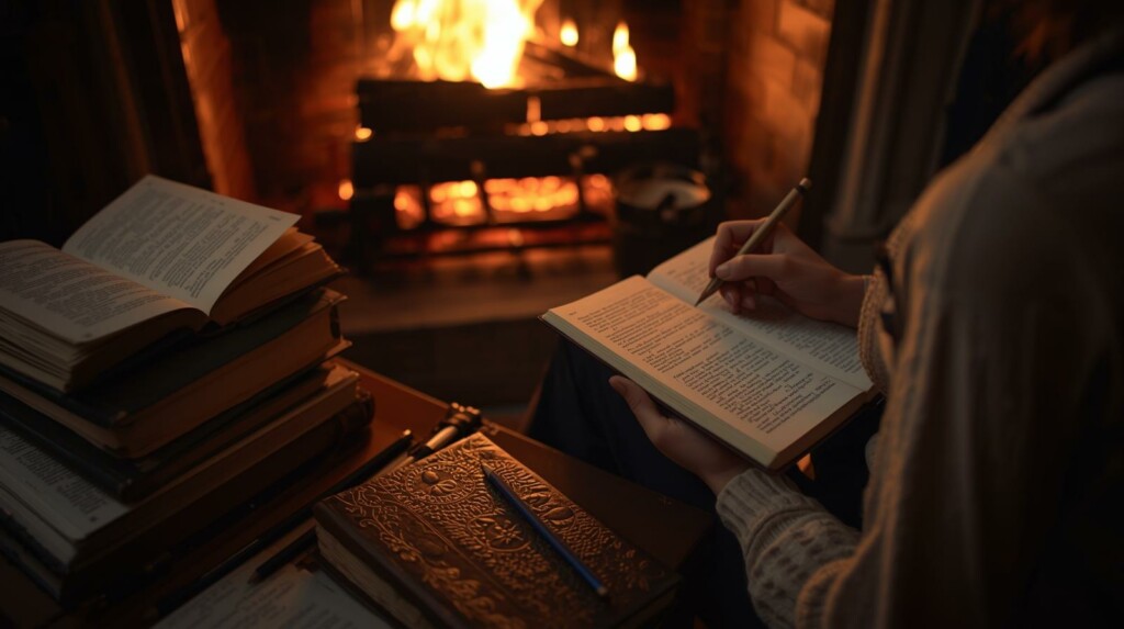 Femme écrivant dans un carnet au coin du feu, entourée de livres pour l’introspection et le développement personnel