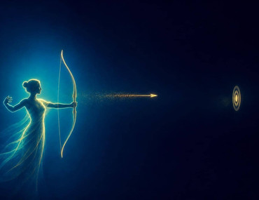 Archer de lumière qui vient de relâcher sa flèche dorée vers sa cible, symbole du lâcher-prise.