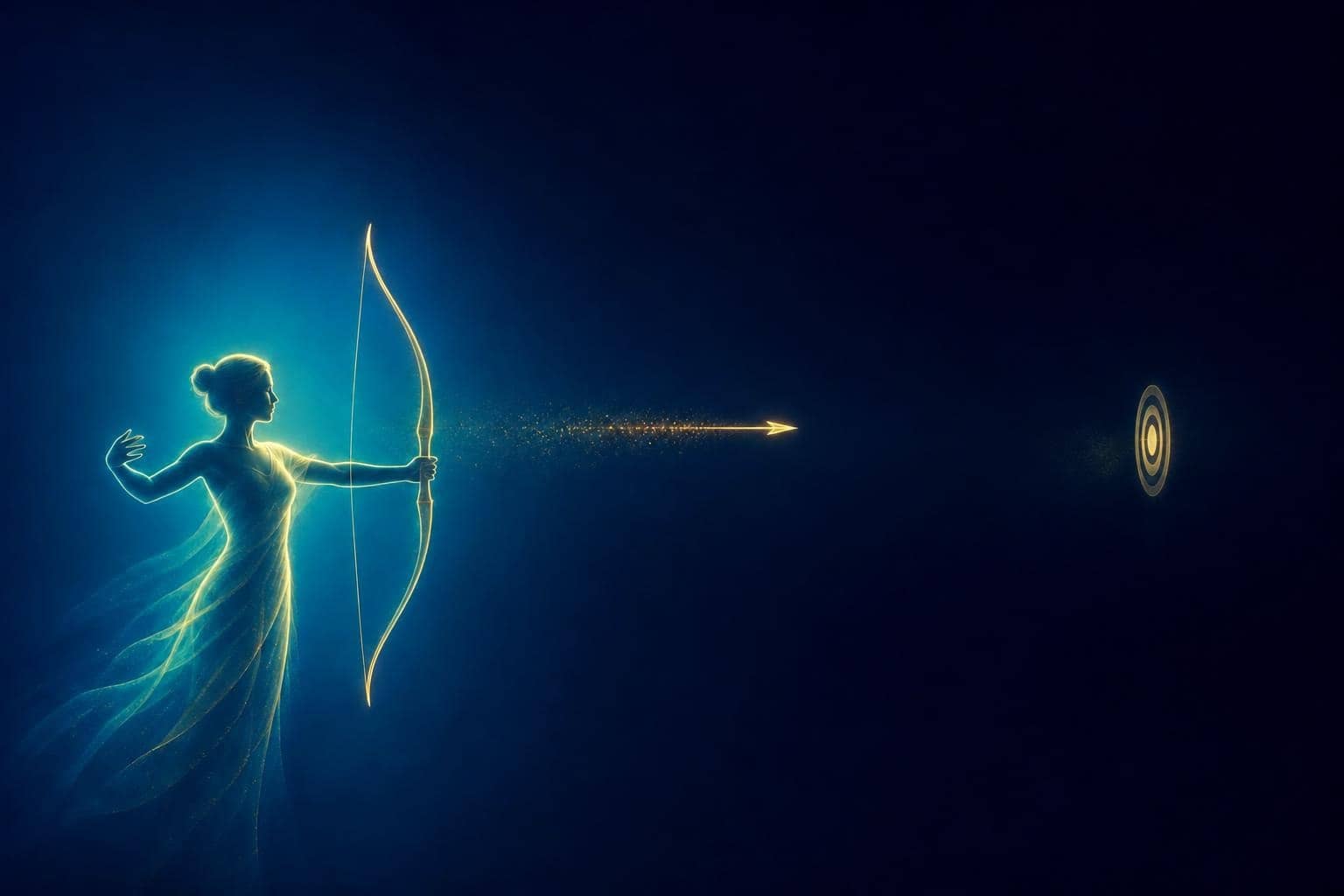 Archer de lumière qui vient de relâcher sa flèche dorée vers sa cible, symbole du lâcher-prise.