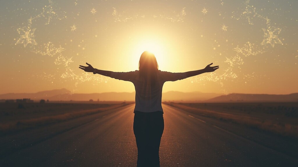 Femme ouvrant les bras face au soleil levant sur une route, symbolisant un nouveau cycle et l’énergie d’une nouvelle année personnelle.