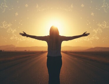 Femme ouvrant les bras face au soleil levant sur une route, symbolisant un nouveau cycle et l’énergie d’une nouvelle année personnelle.