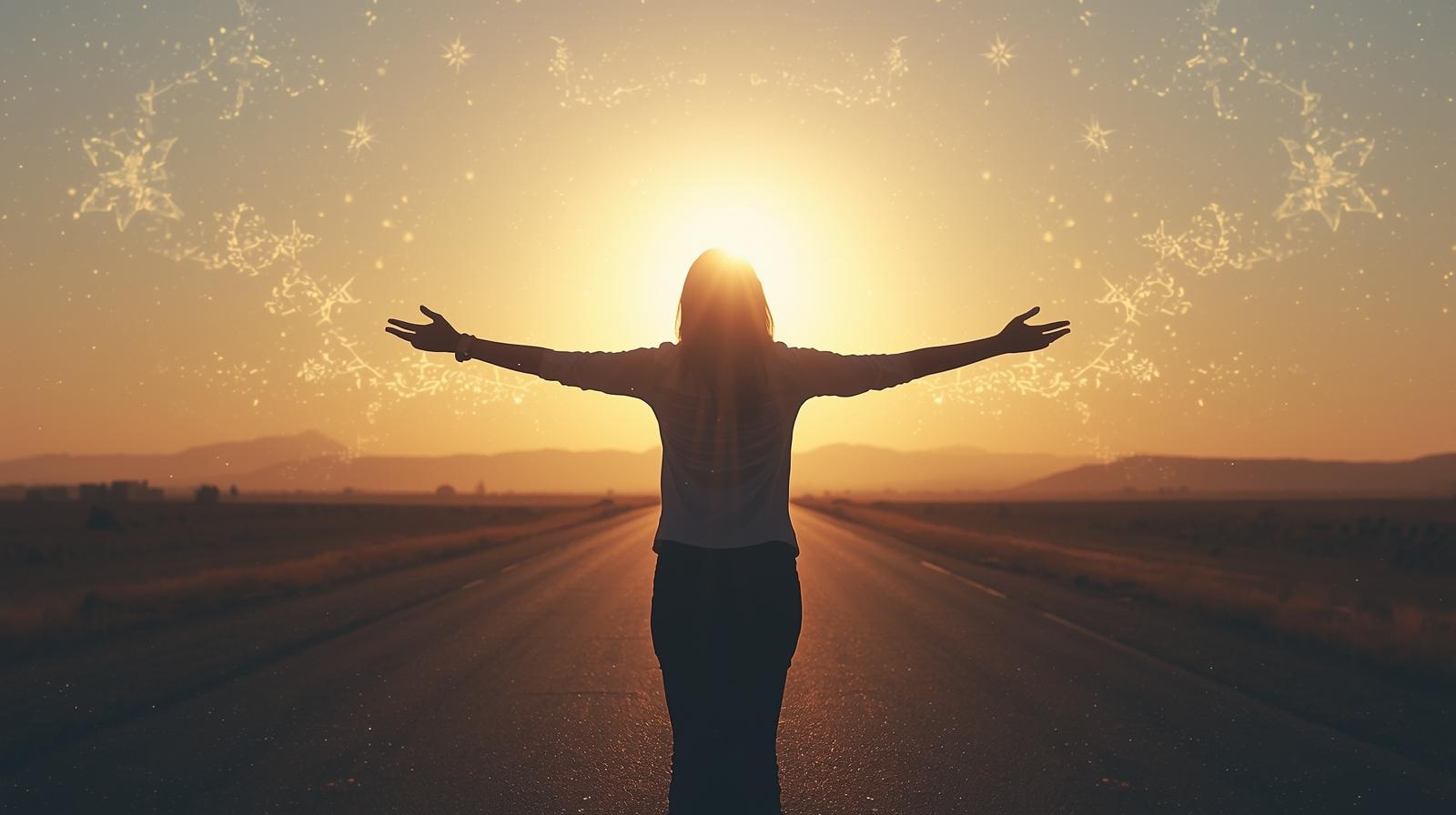 Femme ouvrant les bras face au soleil levant sur une route, symbolisant un nouveau cycle et l’énergie d’une nouvelle année personnelle.