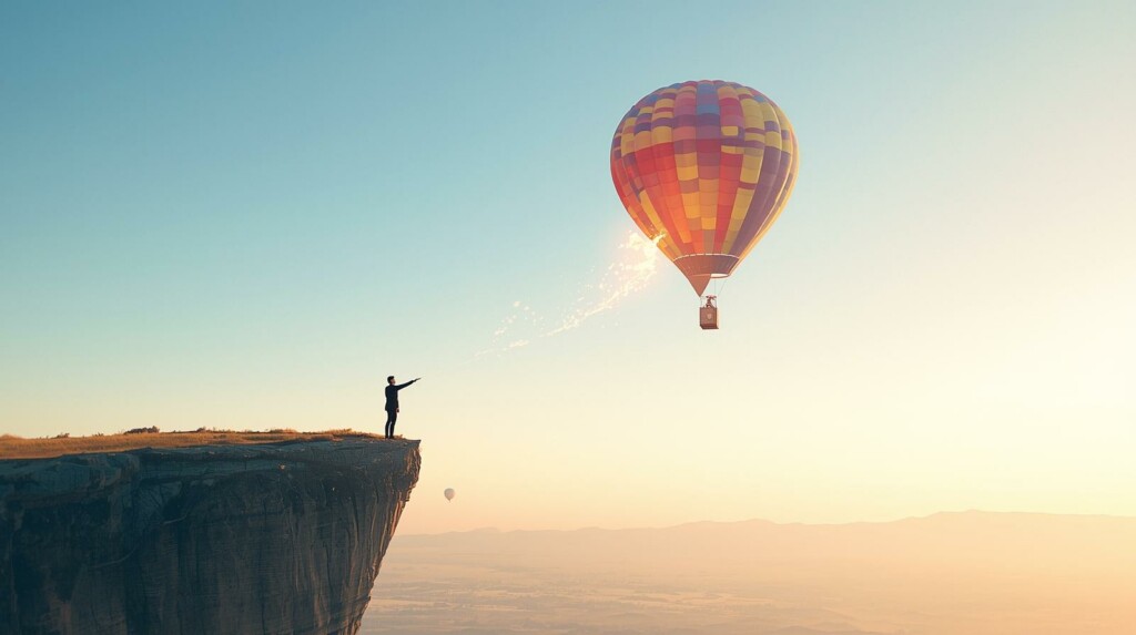 Personne lâchant une corde d'une montgolfière au bord d'une falaise, symbolisant le lâcher-prise et la confiance envers les signes de l'univers (synchronicités).