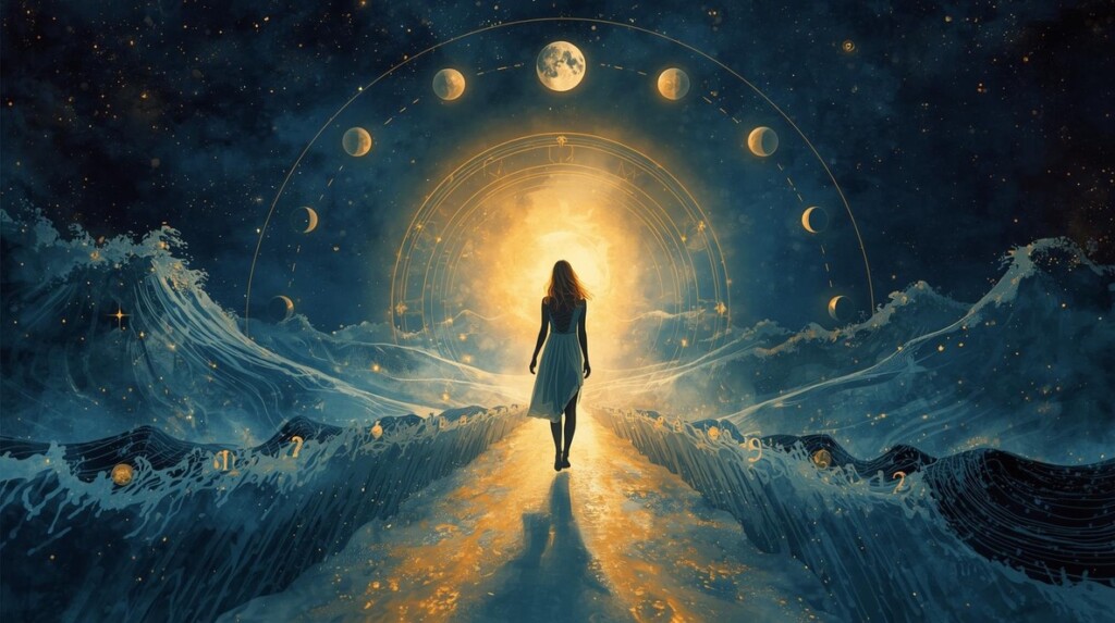Illustration d’une femme avançant sur un chemin lumineux entouré d’ondes cosmiques, sous un ciel étoilé et les phases de la lune, symbolisant les cycles de vie et les années personnelles.