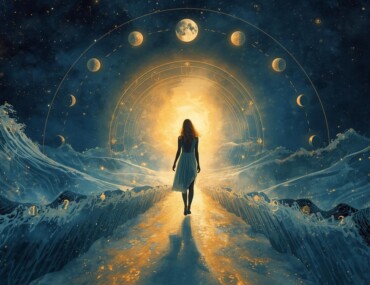 Illustration d’une femme avançant sur un chemin lumineux entouré d’ondes cosmiques, sous un ciel étoilé et les phases de la lune, symbolisant les cycles de vie et les années personnelles.