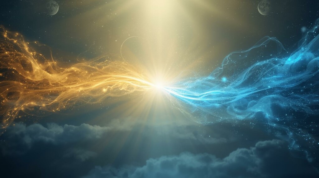 Flux d’énergie dorée et bleue se rejoignant en un point lumineux au-dessus des nuages, symbolisant la rencontre entre l’énergie collective et l’énergie personnelle.