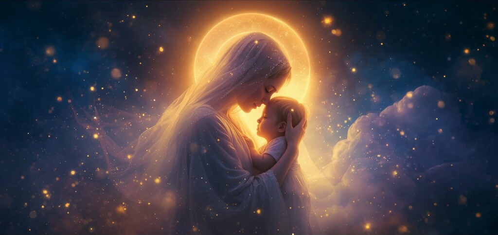 Mère enlaçant tendrement son enfant dans une lumière dorée, illustrant que la mission de vie se vit dans l'amour du quotidien