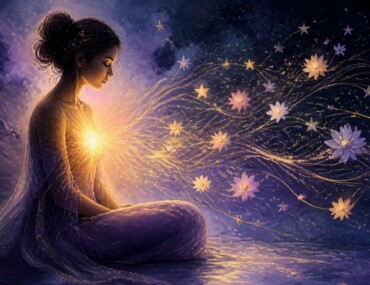 Femme sereine en méditation, une lumière dorée rayonnant de son cœur en étoiles et en fleurs, illustrant la mission de vie en numérologie karmique tibétaine