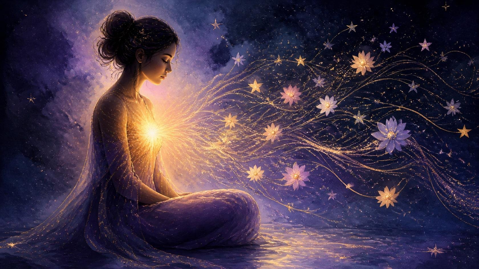 Femme sereine en méditation, une lumière dorée rayonnant de son cœur en étoiles et en fleurs, illustrant la mission de vie en numérologie karmique tibétaine