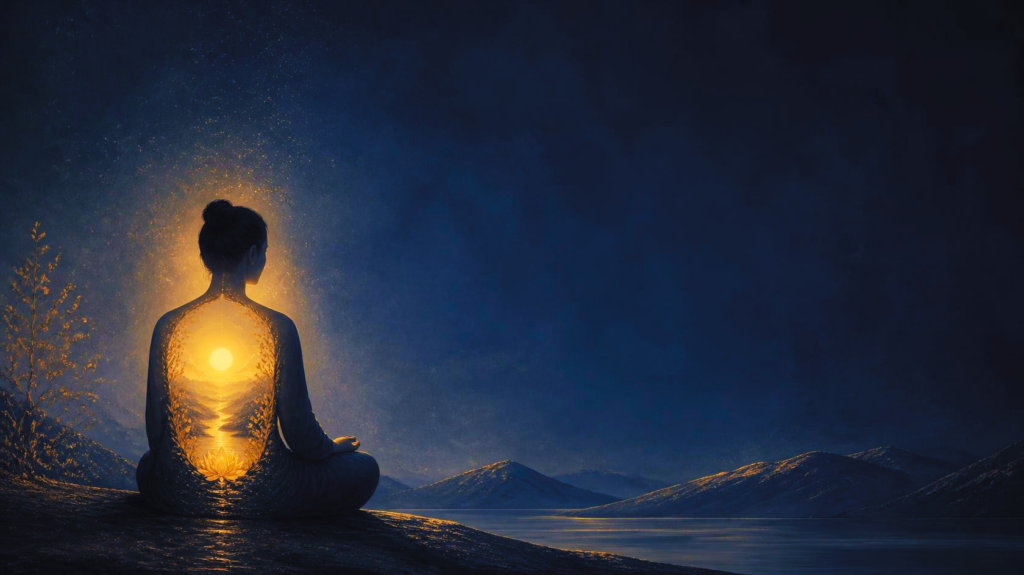 Silhouette en méditation dont le dos s'ouvre sur un paysage lumineux intérieur, symbolisant que trouver sa place est un retour à son âme