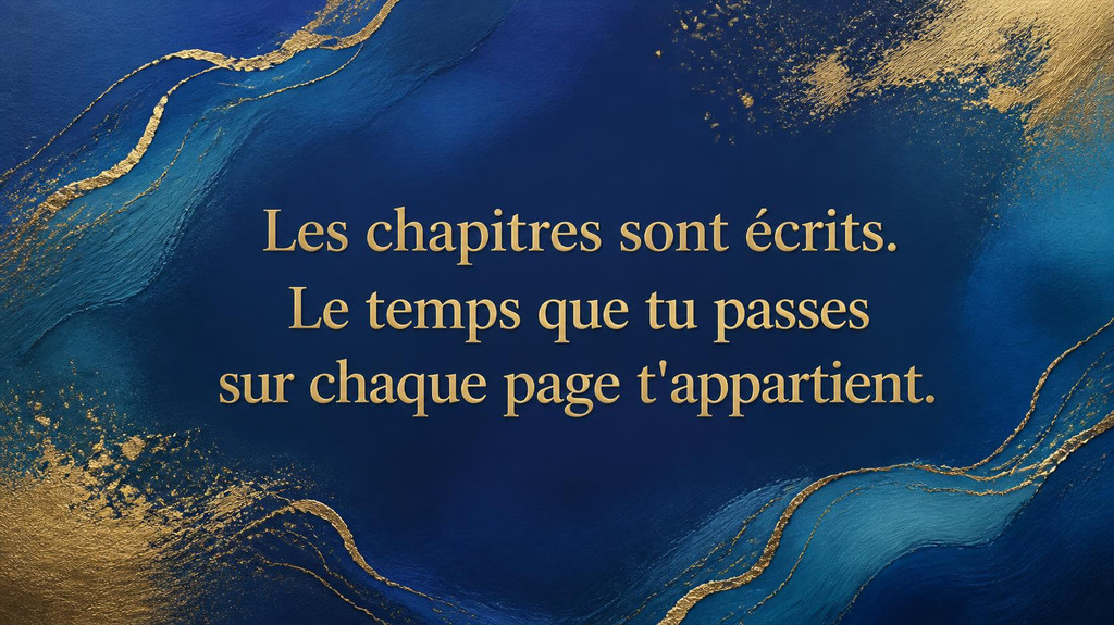 Les chapitres sont écrits. Le temps que tu passes sur chaque page t'appartient.