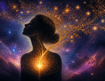 Silhouette de profil sereine, un arbre de lumière dorée s'élevant depuis son cœur vers les étoiles, symbolisant la reconnexion à son âme pour trouver sa place
