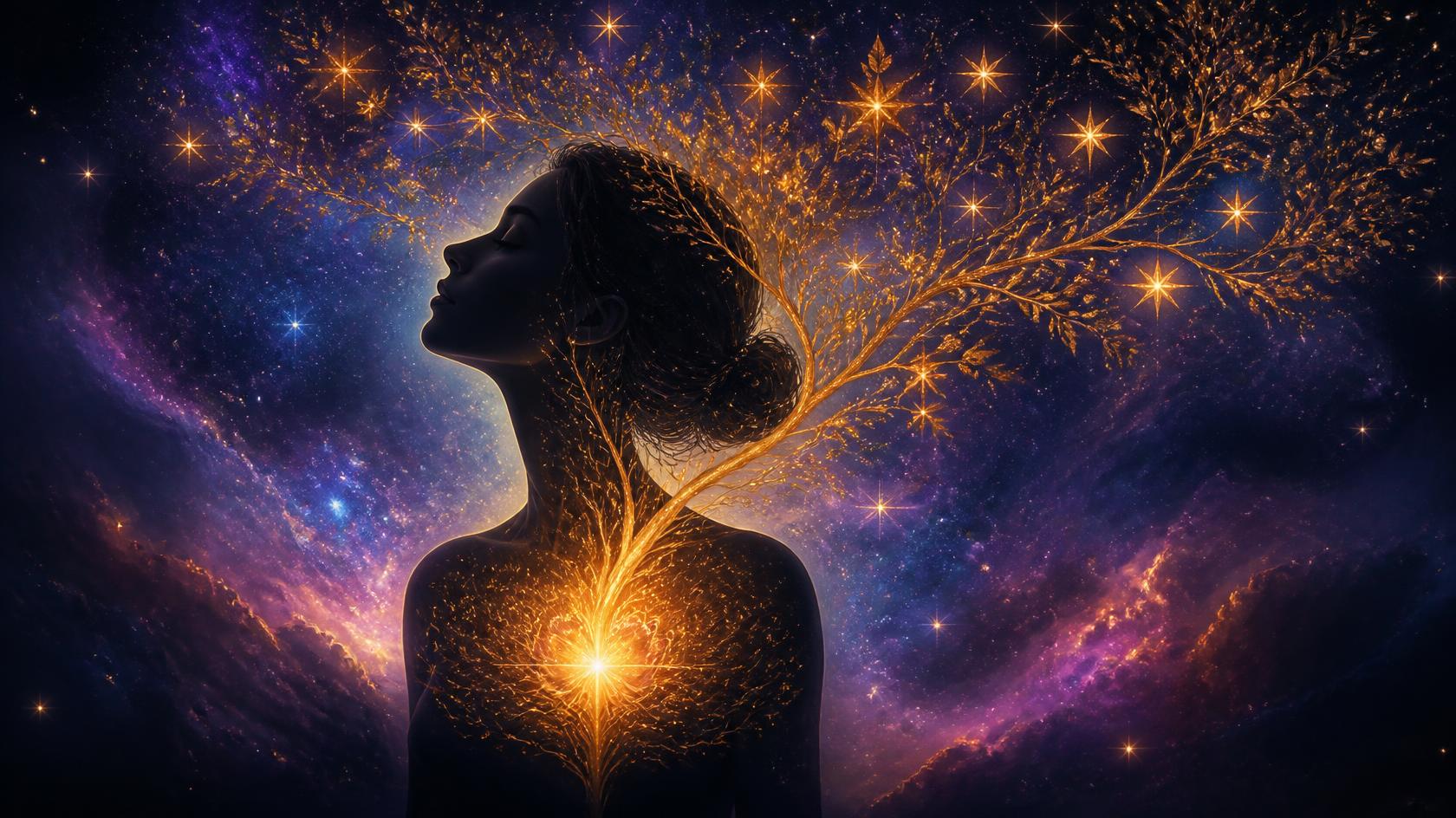 Silhouette de profil sereine, un arbre de lumière dorée s'élevant depuis son cœur vers les étoiles, symbolisant la reconnexion à son âme pour trouver sa place