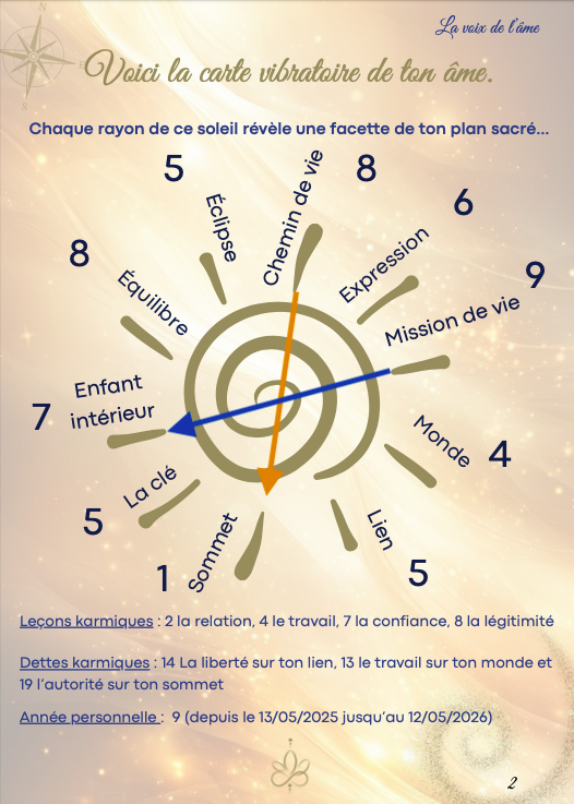 Carte vibratoire NKT Carte vibratoire en Numérologie Karmique Tibétaine, soleil à dix rayons représentant les catégories du thème