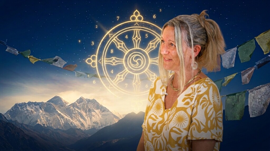 Sophie, la Voix de l'Âme, accompagnante en Numérologie Karmique Tibétaine, sur fond de montagnes de l'Himalaya et roue du Dharma dorée.